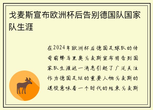 戈麦斯宣布欧洲杯后告别德国队国家队生涯